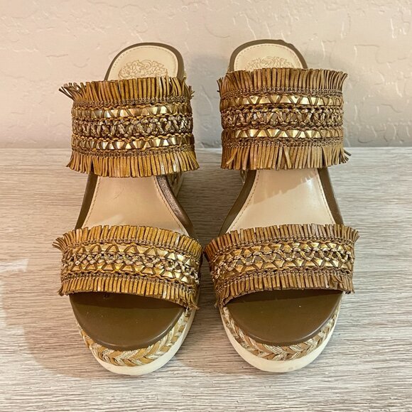 Vince Camuto Wedge Espadrille Sandals 6.5 Brittnuh Brown Gold Tan Slides - Picture 3 of 12